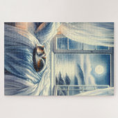 Moonlit Coastal Bedroom with Sleeping Cat Legpuzzel (Horizontaal)