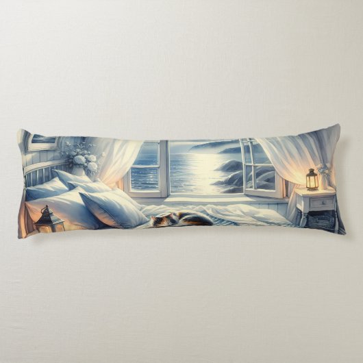 Moonlit Coastal Bedroom with Sleeping Cat Lichaamskussen (Achterkant)