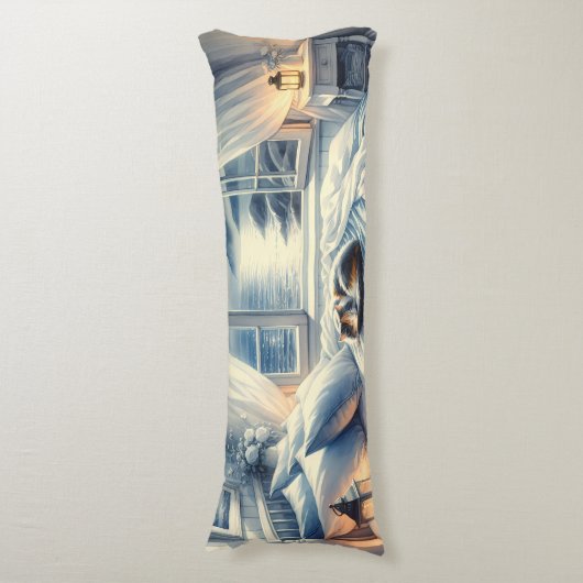 Moonlit Coastal Bedroom with Sleeping Cat Lichaamskussen (Voorkant Verticaal)