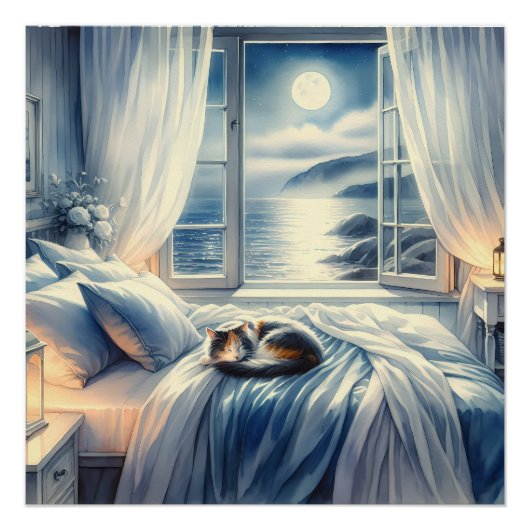 Moonlit Coastal Bedroom with Sleeping Cat Perfect Poster (Voorkant)
