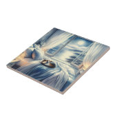 Moonlit Coastal Bedroom with Sleeping Cat Tegeltje (Zijkant)