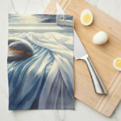 Moonlit Coastal Bedroom with Sleeping Cat Theedoek (Quarter Fold)