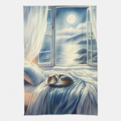 Moonlit Coastal Bedroom with Sleeping Cat Theedoek (Verticaal)