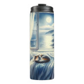 Moonlit Coastal Bedroom with Sleeping Cat Thermosbeker (Voorkant)