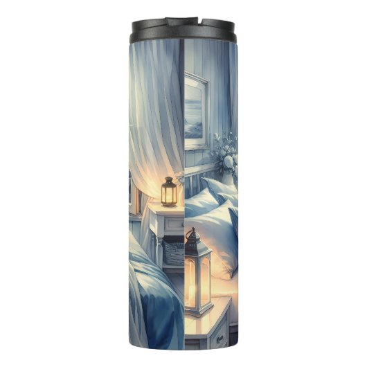 Moonlit Coastal Bedroom with Sleeping Cat Thermosbeker (Achterkant)