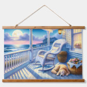 Moonlit Coastal Porch met Dog & Ocean Uitzicht Hangend Wandkleed (Voorkant)