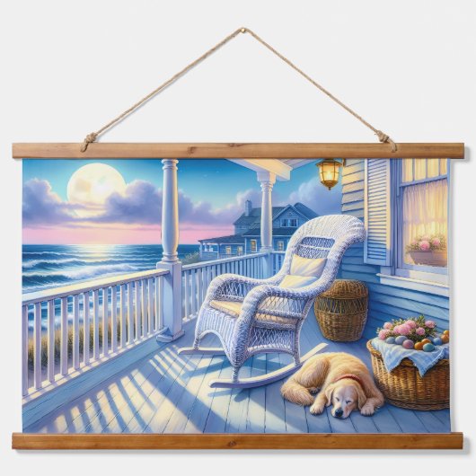 Moonlit Coastal Porch met Dog & Ocean Uitzicht Hangend Wandkleed (Voorkant)