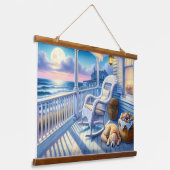 Moonlit Coastal Porch met Dog & Ocean Uitzicht Hangend Wandkleed (Gebogen)