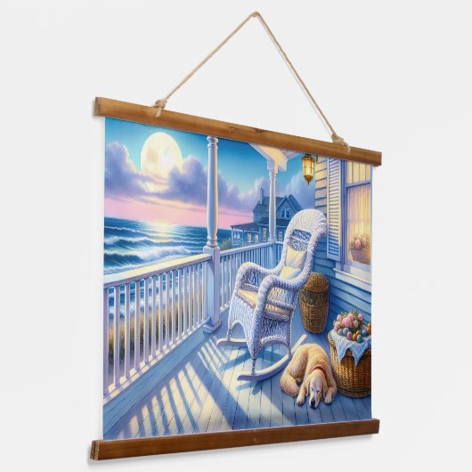 Moonlit Coastal Porch met Dog & Ocean Uitzicht Hangend Wandkleed (Gebogen)