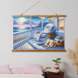 Moonlit Coastal Porch met Dog & Ocean Uitzicht Hangend Wandkleed
