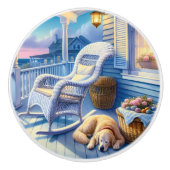 Moonlit Coastal Porch met Dog & Ocean Uitzicht Keramische Knop (Voorkant)