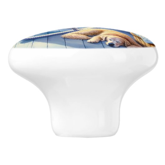 Moonlit Coastal Porch met Dog & Ocean Uitzicht Keramische Knop (Zijkant)