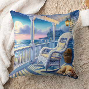Moonlit Coastal Porch met Dog & Ocean Uitzicht Kussen