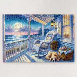 Moonlit Coastal Porch met Dog & Ocean Uitzicht Legpuzzel