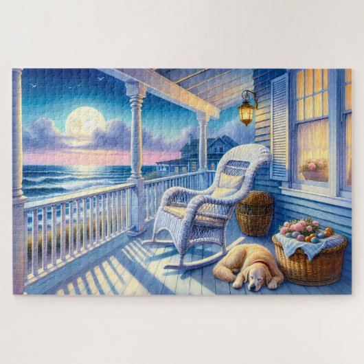 Moonlit Coastal Porch met Dog & Ocean Uitzicht Legpuzzel (Horizontaal)