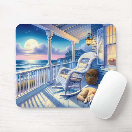 Moonlit Coastal Porch met Dog & Ocean Uitzicht Muismat (Met muis)