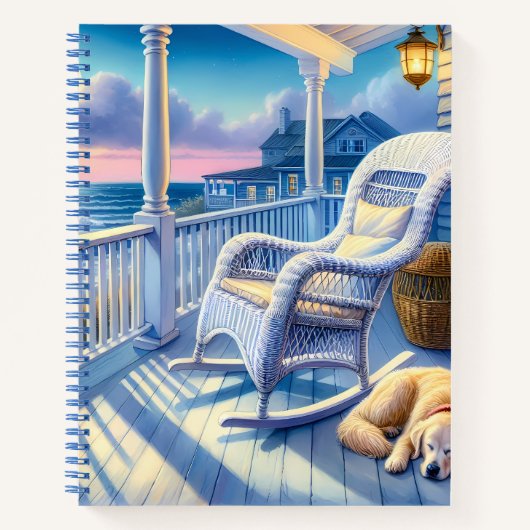 Moonlit Coastal Porch met Dog & Ocean Uitzicht Notitieboek (Voorkant)