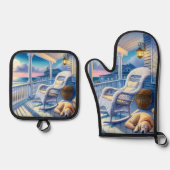 Moonlit Coastal Porch met Dog & Ocean Uitzicht Ovenwant & Pannenlap Set (Voorkant)