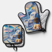 Moonlit Coastal Porch met Dog & Ocean Uitzicht Ovenwant & Pannenlap Set (Voorkant / Achterkant)