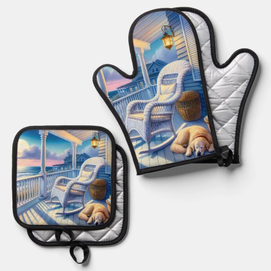 Moonlit Coastal Porch met Dog & Ocean Uitzicht Ovenwant & Pannenlap Set (Voorkant / Achterkant)