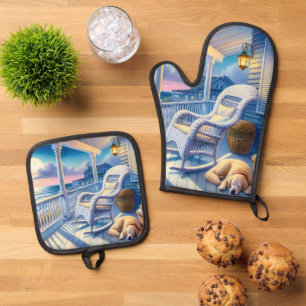 Moonlit Coastal Porch met Dog & Ocean Uitzicht Ovenwant & Pannenlap Set