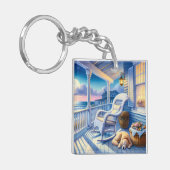 Moonlit Coastal Porch met Dog & Ocean Uitzicht Sleutelhanger (Voorkant Links)