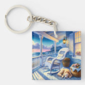 Moonlit Coastal Porch met Dog & Ocean Uitzicht Sleutelhanger (Voorkant)