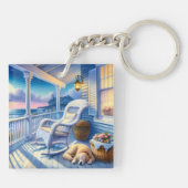 Moonlit Coastal Porch met Dog & Ocean Uitzicht Sleutelhanger (Achterkant)