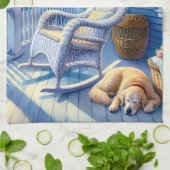 Moonlit Coastal Porch met Dog & Ocean Uitzicht Theedoek (Gevouwen)