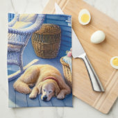 Moonlit Coastal Porch met Dog & Ocean Uitzicht Theedoek (Quarter Fold)