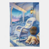 Moonlit Coastal Porch met Dog & Ocean Uitzicht Theedoek (Verticaal)