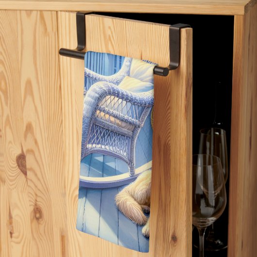 Moonlit Coastal Porch met Dog & Ocean Uitzicht Theedoek (Derde Gevouwen)