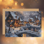 Moonlit Cosy Vintage Christmas Village Feestdagenkaart<br><div class="desc">Kerstkaart met een waterverf-afbeelding van een maanverlicht kerstdorp met fel verlichte met sneeuw bedekte huisjes verbonden door charmante met sneeuw bedekte stenen wandelbruggen over een stromende meanderende rivier. Vrolijke kersttekst op de voorkant. De achterkant is een effen achtergrondkleur in een schaduw die overeenkomt met de illustratie. De achtergrond van de...</div>