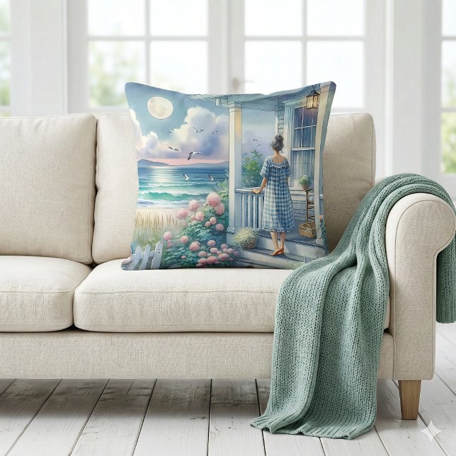 Moonlit Cottage Porch bij het Zee Kussen (Moonlit Cottage Porch by the Sea Throw Pillow Mockup A)