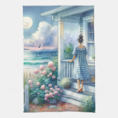 Moonlit Cottage Porch bij het Zee Theedoek (Verticaal)