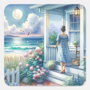 Moonlit Cottage Porch bij het Zee Vierkante Sticker
