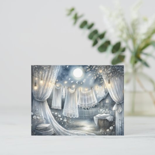Moonlit CottageCore waslijn Briefkaart (Staand voorkant)