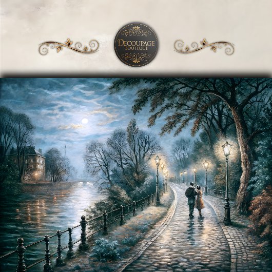 Moonlit Couple Walking Riverside Path Decoupage Tissuepapier