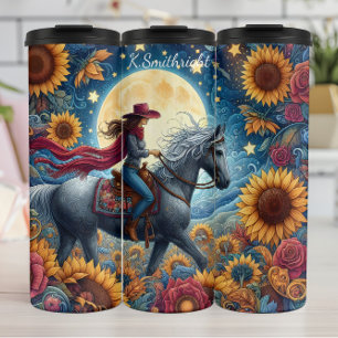 Moonlit Cowgirl Zonnebloem Paardrijden Thermosbeker