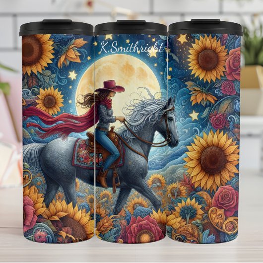 Moonlit Cowgirl Zonnebloem Paardrijden Thermosbeker