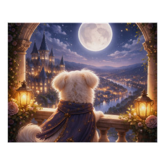 Moonlit Dream – Dog Watching a Magical City Perfect Poster