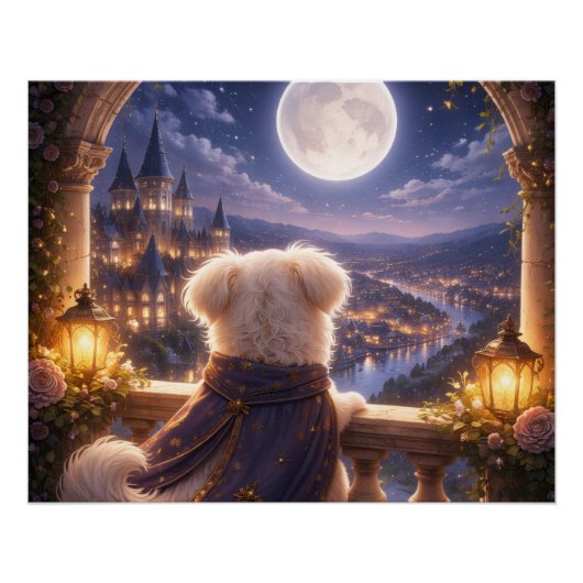 Moonlit Dream – Dog Watching a Magical City Perfect Poster (Voorkant)