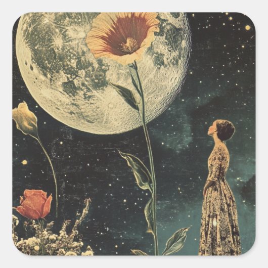 Moonlit Elegance - Vrouw met Maan Vierkante Sticker (Voorkant)