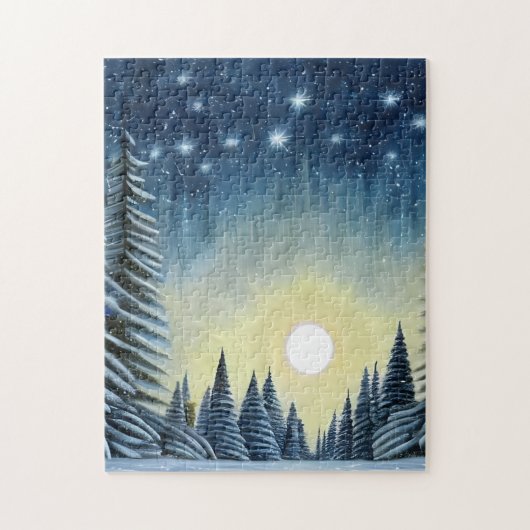 Moonlit Evergreen Snowscape onder de nachtsterren Legpuzzel (Verticaal)