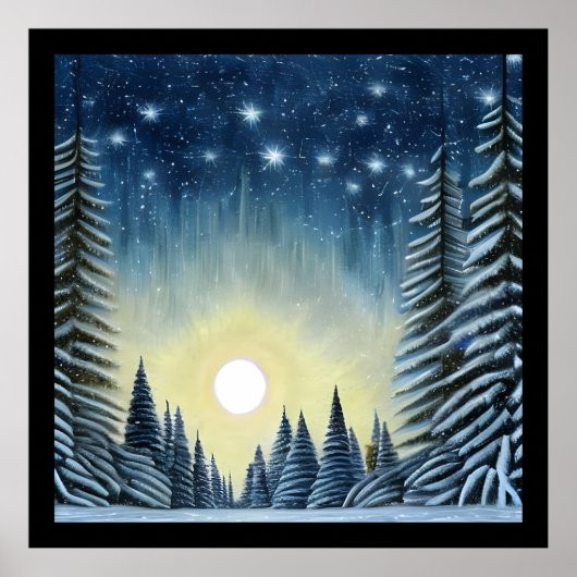 Moonlit Evergreen Snowscape onder de nachtsterren Poster (Voorkant)
