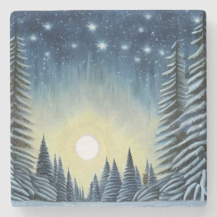 Moonlit Evergreen Snowscape onder de nachtsterren Stenen Onderzetter