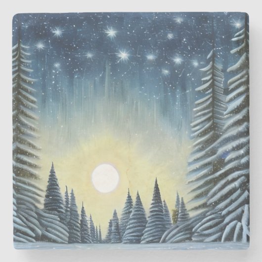 Moonlit Evergreen Snowscape onder de nachtsterren Stenen Onderzetter (Voorkant)
