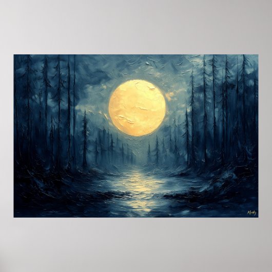 Moonlit Forest Reflection – Abstract blauw en goud Poster (Voorkant)