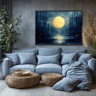 Moonlit Forest Reflection – Abstract blauw en goud Poster