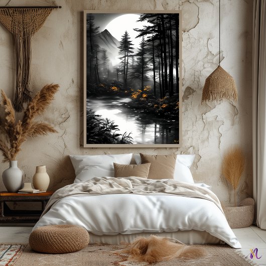 Moonlit Forest Reflection – Monochrome sereniteit Poster